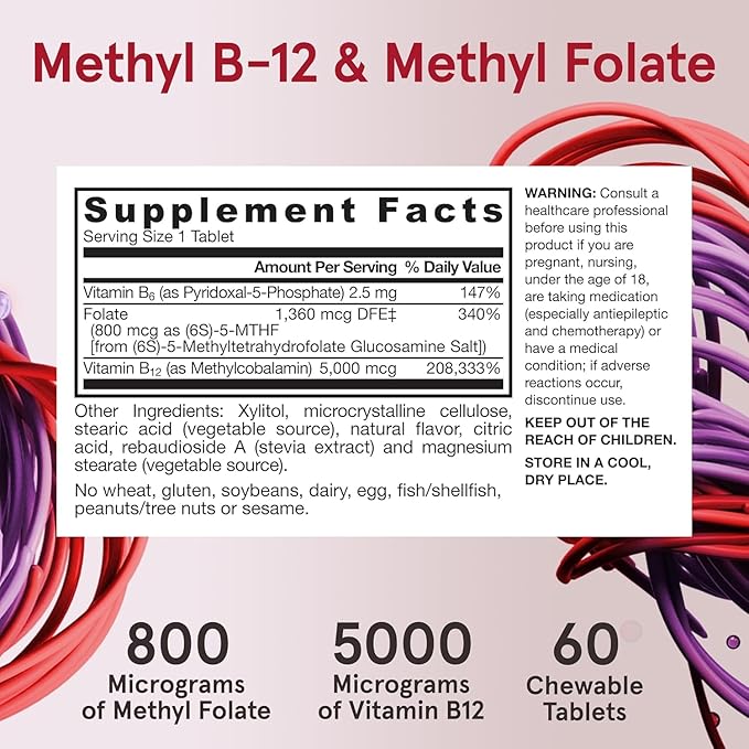 Jarrow Formulas Methyl B-12 & Methyl Folate, Bioactive Vitamin B9 and Vitamin B12 Supplement, Healthy Brain Function & Metabolism, 60 Chewable Tablets, 60 Servings (Pack of 2)