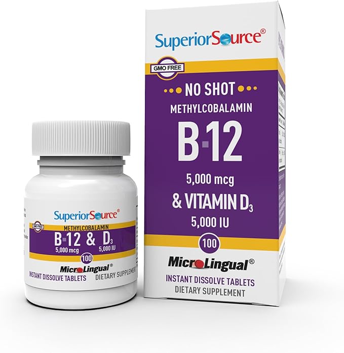 Superior Source NO Shot Methylcobalamin B-12 5,000 mcg with D3 5,000 IU - Energy & Heart Health Supplement - Multivitamin with Vitamin D3 for Bone Support - 100 Instant Dissolve Tablets