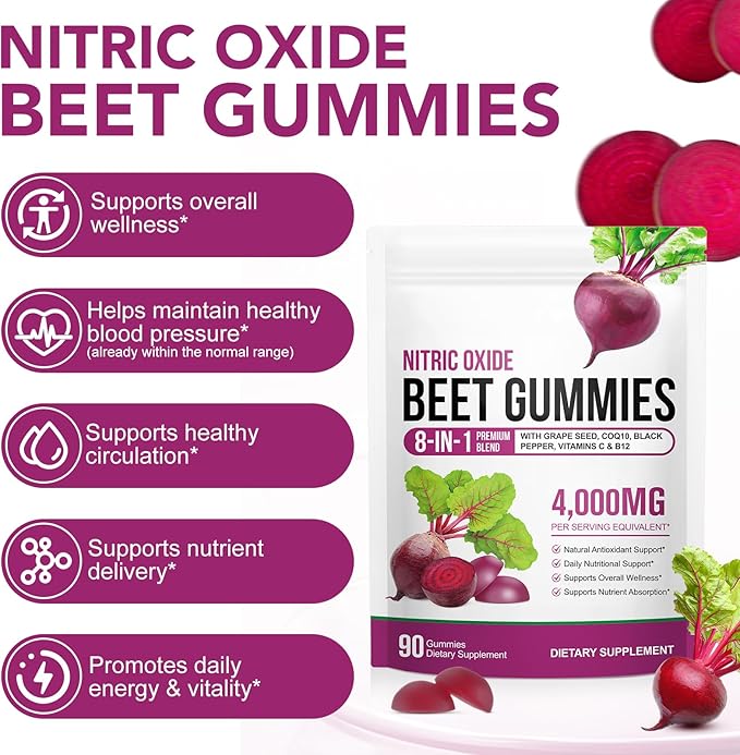 Beet Root Gummies,90 Heart Health Chews for Blood Pressure Support Supplements,Red Beets Supplements with Beetroot, Grape Seed, Coq10,B Vitamins,90 Beet Chews