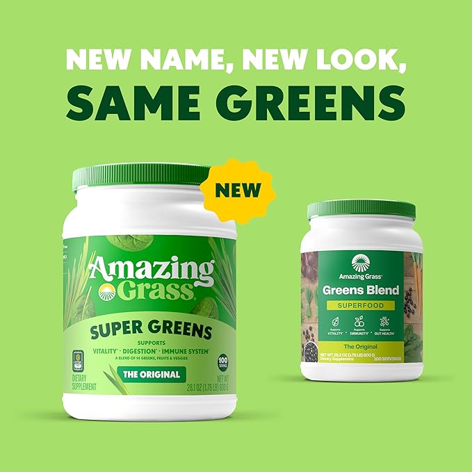 Amazing Grass Greens Blend Superfood: Super Greens Powder with Spirulina, Alfalfa, Beet Root Powder, Digestive Enzymes, Prebiotics & Probiotics, Original, 100 Servings (Packaging May Vary)