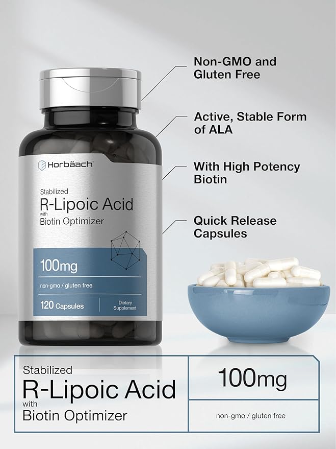 Horbaach R-Lipoic Acid 100 mg | 120 Capsules | with Biotin Optimizer | Non-GMO, Gluten Free | Stabilized R-Lipoic Acid Supplement