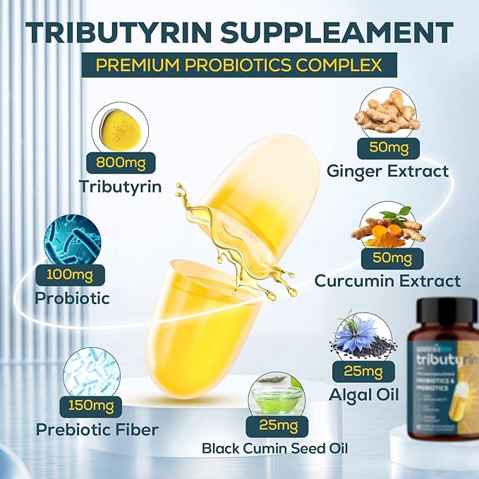 Tributyrin Supplement for Gut & Immune 800mg | High Bioavailability with Microencapsulated Probiotics & Prebiotics - Advanced Liquid-Filled Tributyrin Complex, Gluten Free, 180 Capsules