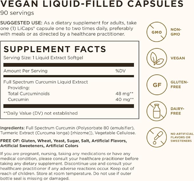 Solgar Full Spectrum Curcumin - 90 LiCaps, Pack of 2 - Superior Absorption - Brain, Joint & Immune Health - Non-GMO, Vegan, Gluten Free, Dairy Free - 180 Total Servings