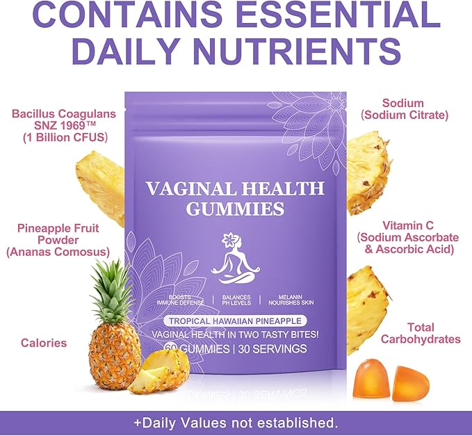 Pineapple Gummies for Women PH 60 Count, PH Balance for Women, Probiotics Vaginal Gummy, Improve Immune, Hawaiian Pineapple Flavor, Vegan & Low Sugar, Premium Balance Gummies