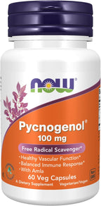 NOW Foods Supplements, Pycnogenol 100 mg (a Unique Combination of Proanthocyanidins from French Maritime Pine) with Amla, 60 Veg Capsules