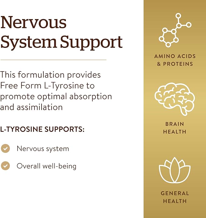 Solgar L-Tyrosine 500 mg, 100 Vegetable Capsules - Brain & Nervous System Support - Vegan, Gluten Free, Dairy Free, Kosher - 100 Servings,Standard Packaging
