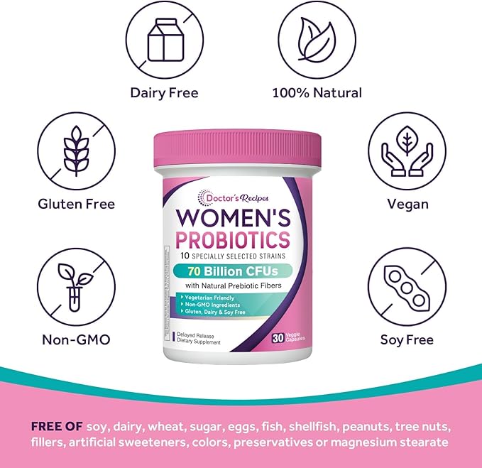 Doctor's Recipes Probiotics for Women, Organic Prebiotics and Probiotics, 70 Billion CFU, 10 Strains, Shelf Stable, 30 Capsules