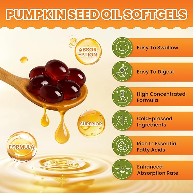 Pumpkin Seed Oil with Saw Palmetto Capsules, 3000mg Per Serving, Pumpkin Seeds Oil Supplement, Supports Immune, Hair, Urinary, Bladder & Prostate Health, Non-GMO, 180 Softgels