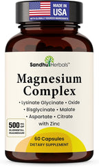 Complete Magnesium Complex 500mg for Women & Men | 60 Capsules | 6 in 1 Mag Supplement with Zinc | Quality Sleep & Muscle Health | Glycinate, Citrate, Malate, Oxide, Aspartate, Lysinate Glycinate