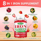 Iron Gummies for Women & Men - Vegan Iron Supplement for Anemia & Iron Deficiency, with Vitamin B12, Vitamin C, Zinc, Folate - Energy Boost, Sugar-Free, Strawberry Flavor, 60 Count