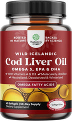 Icelandic Wild Caught Cod Liver Oil Softgels - Fish Omega 3, EPA, DHA, Vitamin D & A, 1000mg Per Serving - Burpless Capsules for Healthy Heart, Healthy Joints, Brain & Immune Support - 60 Count