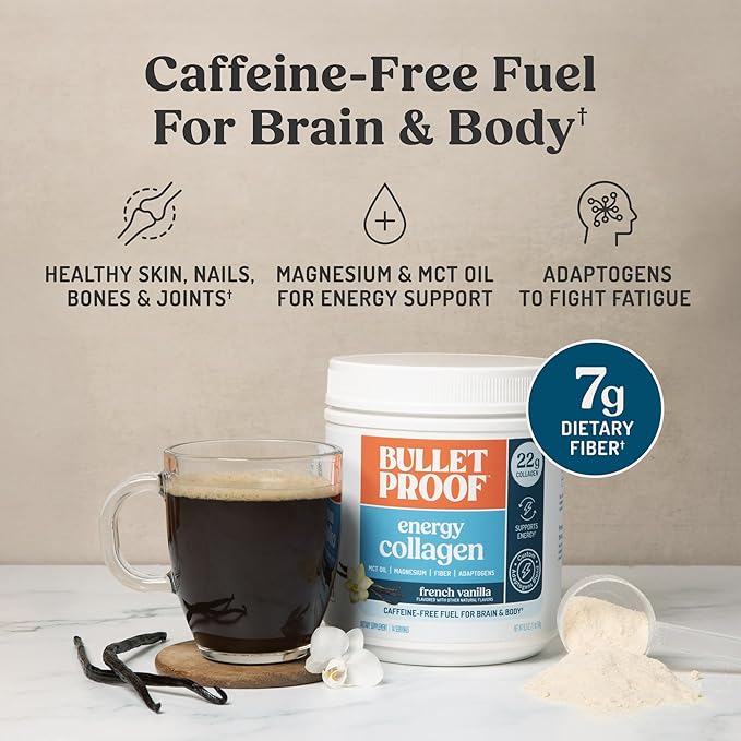 Bulletproof Energy Collagen Protein Powder, Vanilla Bean, 20g Grass-Fed Collagen Peptides, 7g Fiber with MCT Oil & Adaptogens, Caffeine-Free, 18.3 Ounces