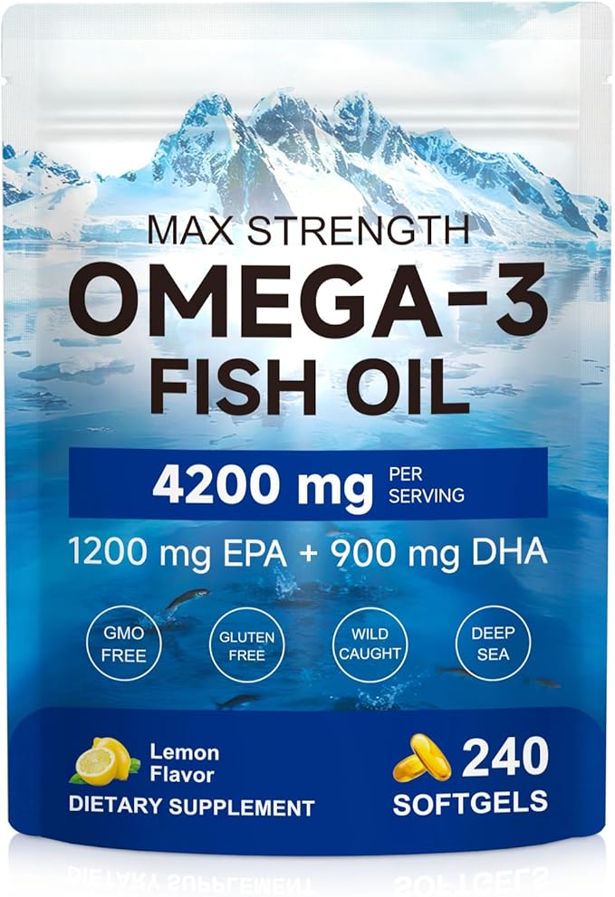 AIQIUSHA Omega 3 Fish Oil Supplements 4200mg – Triple Strength EPA DHA (1200/900), No Fishy Burps, Enteric Coated, Supports Heart, Brain, Joint Health, 240 Softgels