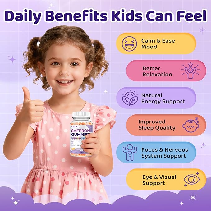 Saffron Gummies for Kids & Adults, 20-in-1 Saffron Supplements with 88.5mg Saffron Extract, B6, B12, C, D3, Magnesium for Calm, Focus, Nerve, Sugar Free, Vegan, Non-GMO, Peach Mango Flavor, 60 Counts