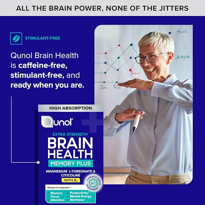 Qunol Brain Health Memory Plus with B6, Magnesium L-Threonate & Citicoline, Clinically Tested Ingredients to Improve Memory, Focus, Attention and Productivity, 60 Count (Pack of 1)