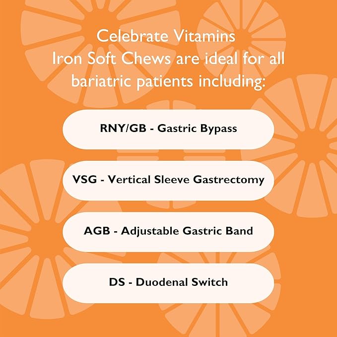 Celebrate Vitamins Iron Supplement with 60mg Iron & Vitamin C – Citrus Chewables for Bariatric Patients, Gastric Bypass & Sleeve Gastrectomy Support 30 Tablets for Post-Surgery