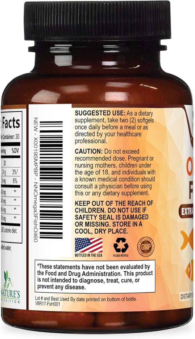 Omega 3 Fish Oil Supplements - 2400mg Fish Oil Per Serving - Triple Strength Omega-3 with EPA & DHA Fatty Acids - Natural Heart, Brain & Immune Support - Wild Caught, Bottled in USA - 60 Softgels