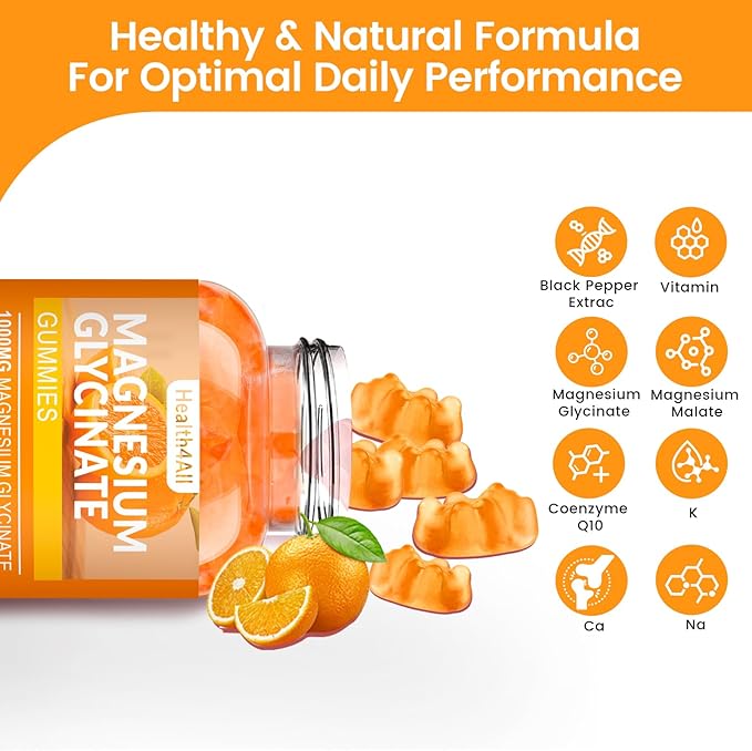 Magnesium Glycinate Gummies 1000mg, High Absorption Sugar Free Magnesium Potassium Supplement for Relaxation, Stress Relief, and Sleep Support for Adults & Kids - 180 Orange Gummies