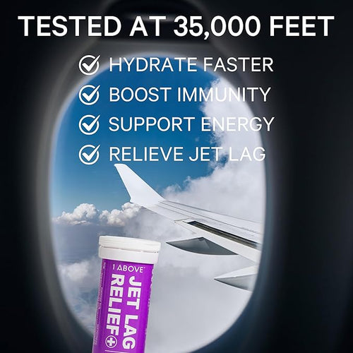 1Above Jet Lag Relief Tablets - Berry-Flavored Effervescent Multivitamin with Pycnogenol Travel Supplement for Hydration, Energy, Immune Support and Faster Recovery - Flight Essential, 10 Tablets