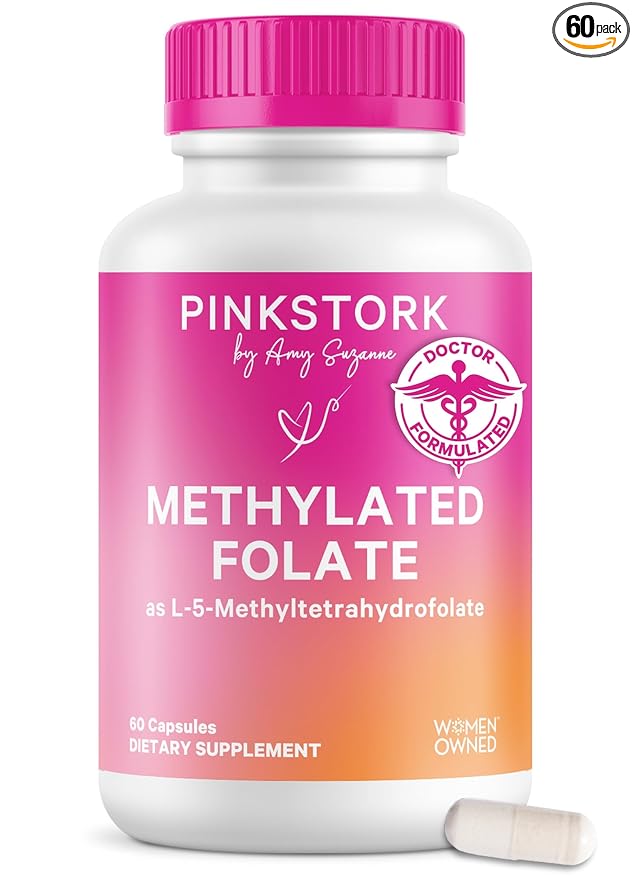 Pink Stork Folate: Methyl Folate - MTHFR Acid, Natural Form of Folic Acid for Pregnancy, Formulated for Mom + Baby, Women-Owned, 60 Capsules (Packaging May Vary)