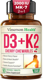Vitamin D3 K2 Supplement – All-in-1 Support for Immune, Bone & Heart Health – Vitamin D + Vitamin K (as MK7) – K2 D3 2000IU Vitamin Supplement, 90 Natural Cherry-Flavored Chewables