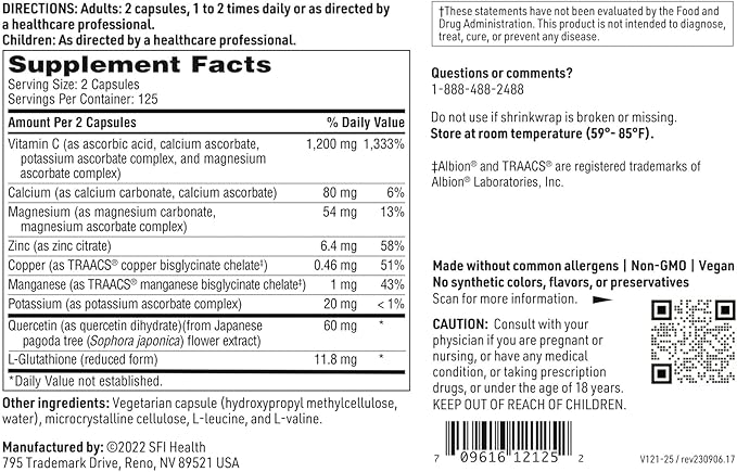 SFI Health Klaire Labs Buffered Vitamin C Capsules with Quercetin Bioflavonoids & L-Glutathione to Support Immune Function & Antioxidant Protection - Hypoallergenic & Gentle on Stomach (250 Capsules)
