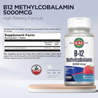 KAL Vitamin B12 Methylcobalamin 5000mcg, Healthy Energy, Metabolism, Nerve & Red Blood Cell Support,* Fast Dissolve ActivMelts, Optimal Absorption, Natural Raspberry Flavor, 90 Servings, 90 Micro Tabs