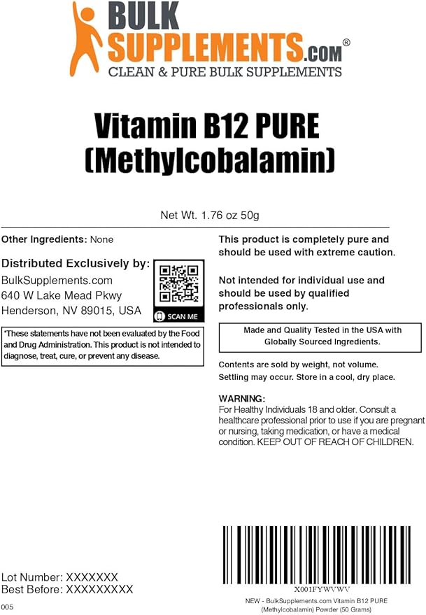BulkSupplements.com Pure Vitamin B12 Methylcobalamin Powder - Vitamin B12 Supplements - Pure Product, Multiple Servings, 50g (1.8 oz) (Pack of 1)