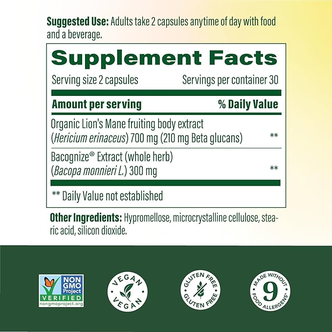 MegaFood Superfood Mushroom Focus Support - Lions Mane Supplement Capsules - Doctor Formulated – Lion’s Mane Mushroom Supplement with Clinically Studied Bacopa - Vegan - 60 Capsules, 30 Servings