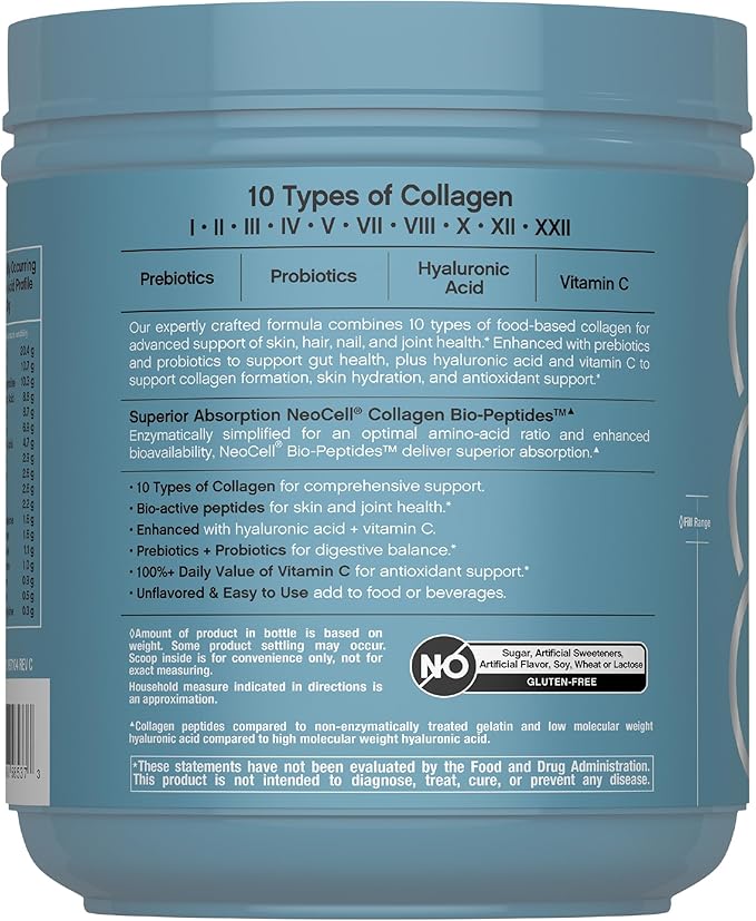 NeoCell Multi Collagen Bio-Peptides Powder | 22oz | Advanced with Hyaluronic Acid and Vitamin C | 10 Super Types of Collagen | Superior Absorption | Grassfed Protein Supplement