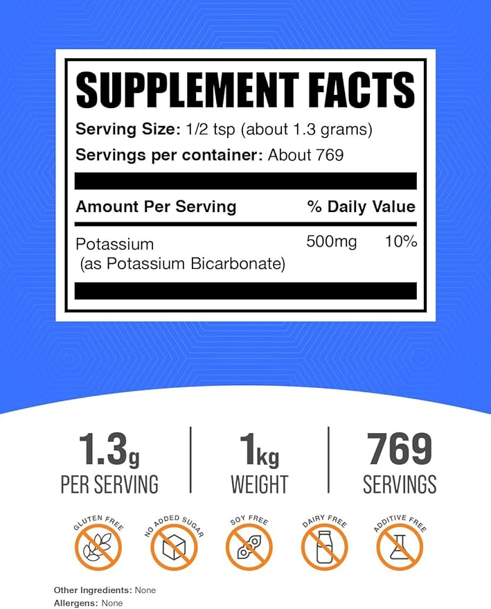 BulkSupplements.com Potassium Bicarbonate Powder - Potassium Bicarbonate Food Grade, Mineral Supplement - Gluten Free, 1.3g per Serving, 1kg (2.2 lbs) (Pack of 1)