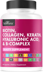 BioSchwartz Biotin Collagen Keratin Supplement - Hair Vitamins for Women - 10000mcg Biotin with Hyaluronic Acid & B Complex - Non-GMO 60 Capsules Beauty Supplement - Hair and Nails Vitamins for Women