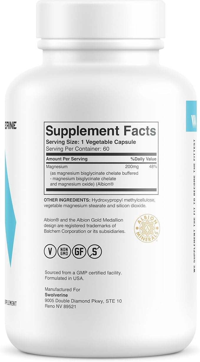 Swolverine® Magnesium Bisglycinate 200mg – TRAACS® Chelated Magnesium from Albion® | Highly Absorbable, Gentle on Stomach (60 Servings (Pack of 1))