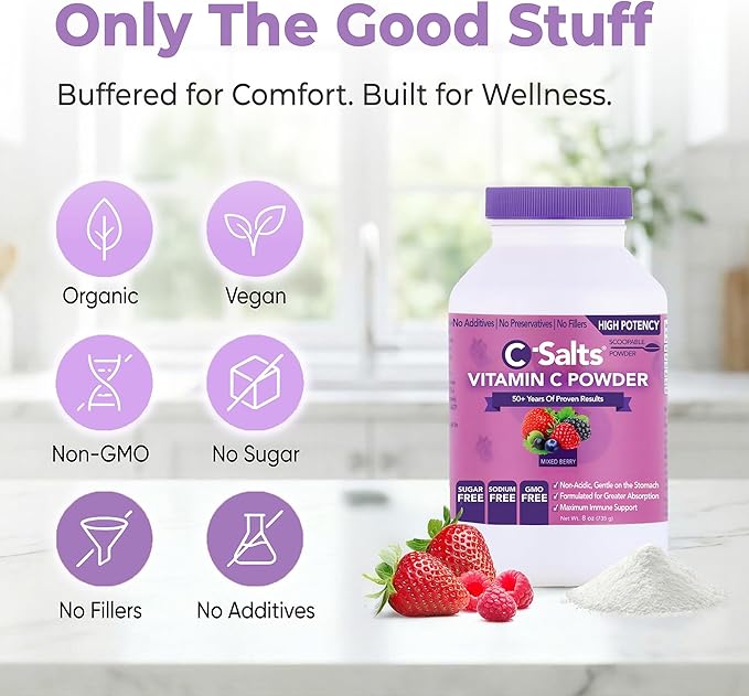 C-Salts Vitamin C Powder - 100% Pure Buffered Ascorbic Acid Powder for Daily Immune Support & Collagen Production - Stomach-Friendly Organic Vegan Non-GMO Sugar-Free - 84 Servings - Mixed Berry, 8oz