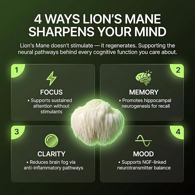 Lion’s Mane Mushroom Supplement 1000mg - Dual Extract for Focus Memory & Mental Clarity - High Potency Nootropic Brain Supplement with 20% Beta-Glucans - Fruiting Body & Mycelium - 60 Caps