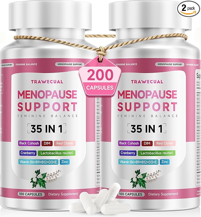 Menopause Supplements For Women, 400mg Black Cohosh & 200mg DIM for Hot Flashes, Night Sweats Relief & Hormone Balance, 35-in-1 with Probiotics, Ashwagandha & Red Clover, 200 Capsules/100-Day Supply