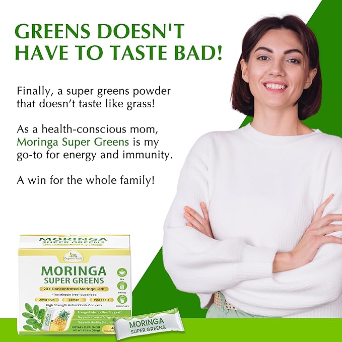 Organic Veda Moringa Super Greens, 30 Sticks Drink Mix Powder - 20 X Concentrated Moringa Leaf Powder Extract with Amla, Pineapple, Antioxidant Superfoods for Energy & Metabolism - Tea & Smoothie Mix