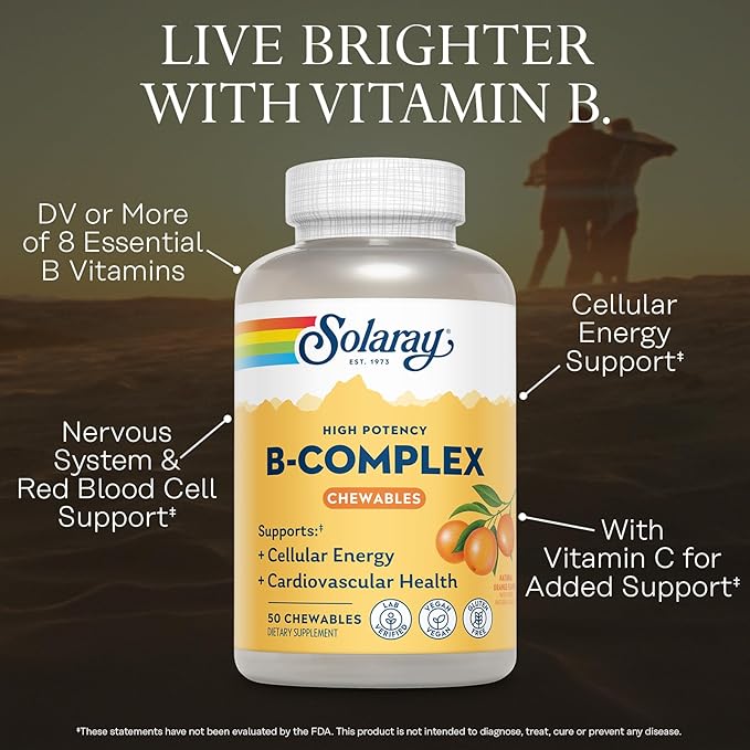 SOLARAY Vitamin B Complex Orange Chewables - High Potency B Complex Vitamins w/VIT B12, B6, B2, Biotin, Folic Acid, Vitamin C, Cellular Energy, Cardiovascular Support, Vegan, Gluten Free, 50 Servings