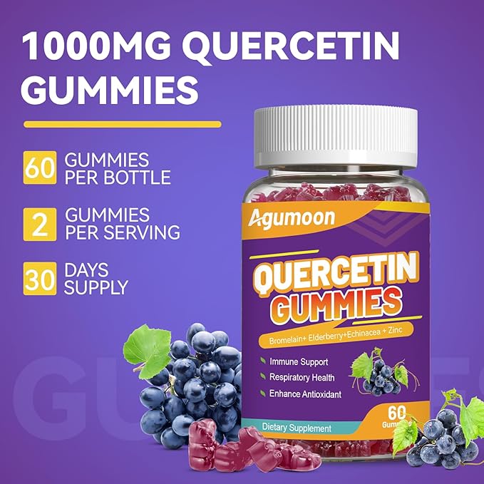 2 Pack Quercetin Gummies, 1000mg Quercetin with Bromelain Zinc Elderberry, Immune & Antioxidant Support, Vegan Gummies for Adults & Kids, 120 Count