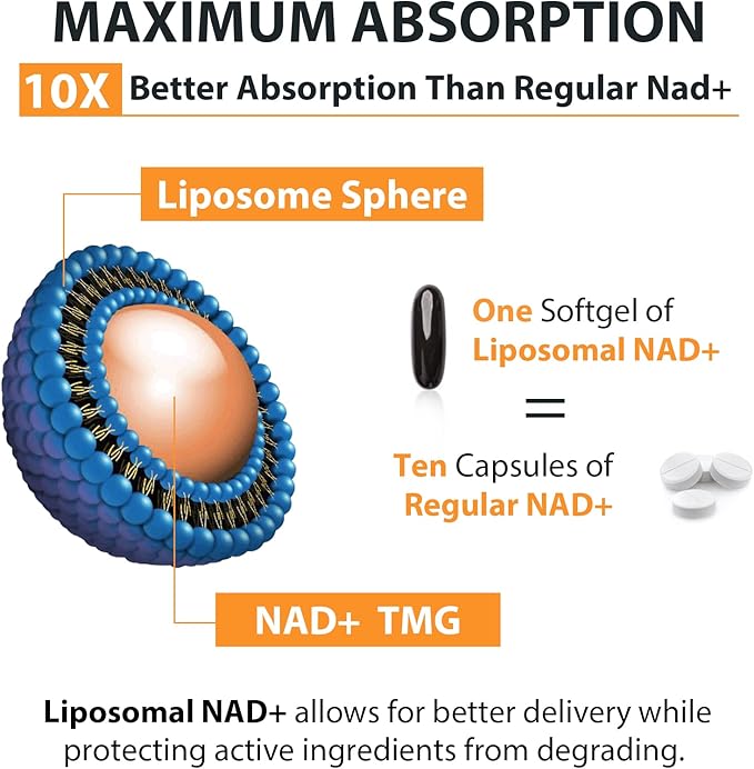 Orgabay Liposomal NAD+ Supplement 500 mg, High Absorption, Boost NAD+ with TMG 250 mg, Actual NAD Plus More Efficient Than Nicotinamide Riboside, Support Cellular Energy, Healthy Aging | 60 Softgels