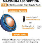 Orgabay Liposomal NAD+ Supplement 500 mg, High Absorption, Boost NAD+ with TMG 250 mg, Actual NAD Plus More Efficient Than Nicotinamide Riboside, Support Cellular Energy, Healthy Aging | 120 Softgels