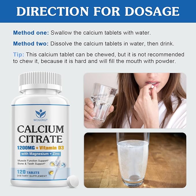 Calcium Citrate 1200mg Supplement with Vitamin D3 for Women and Men - Calcium Magnesium Zinc D3 Supplement for Bone, Teeth, Immune Support, Vegan-Friendly - 120 Tablets (2 Pack)