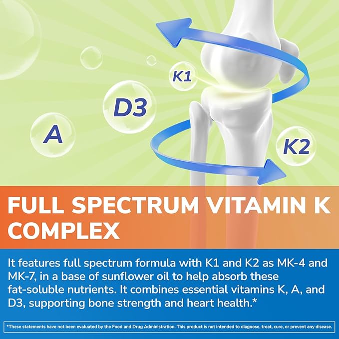 Vitamin K Complex, 2600 mcg K1 & K2 (MK-7 & MK-4), with Vitamin A & D3 5000 IU, Bioavailable, Full Spectrum, for Bone Strength and Heart Health, 90 Softgels