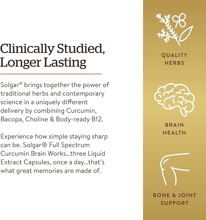 Solgar Full Spectrum Curcumin Brain Works, 90 Licaps - Support Memory Recall, Focus, Cognitive Function - Antioxidant Support - Curcumin, BacoMind, Choline, Vitamin B12 - Non-GMO, Vegan - 30 Servings
