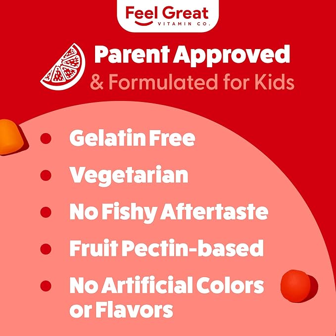 Feel Great Vitamins Kids DHA Gummies with Omega 3 6 9, Vitamin C (2-Pack) | Supports Healthy Brain Function, Vision & Heart Health | Gluten Free, Vegetarian | 60 Gummies