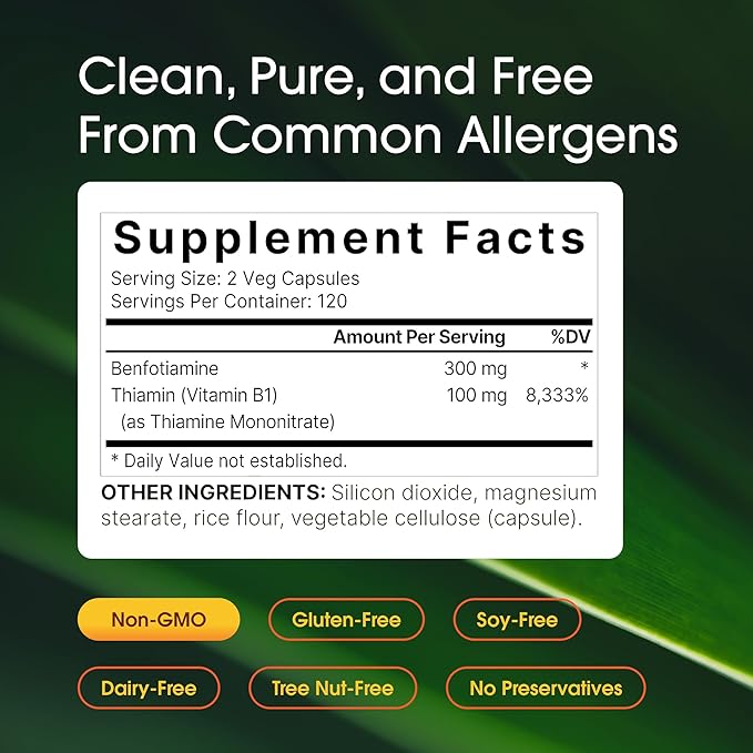 NatureBell Benfotiamine with Thiamine - 240 Vegetarian Capsules - 300mg Benfotiamine & 100mg Thiamine - for Heart Health, Energy Production & Nervous System Support* - Vitamin B1 Complex