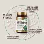 Probiotics 50 Billion CFU per Serving - 10 Strains + Prebiotics - Digestive Health, Gut & Immune Support - Occasional Constipation, Gas & Bloating Support for Women & Men, Bottled USA - 60 Capsules