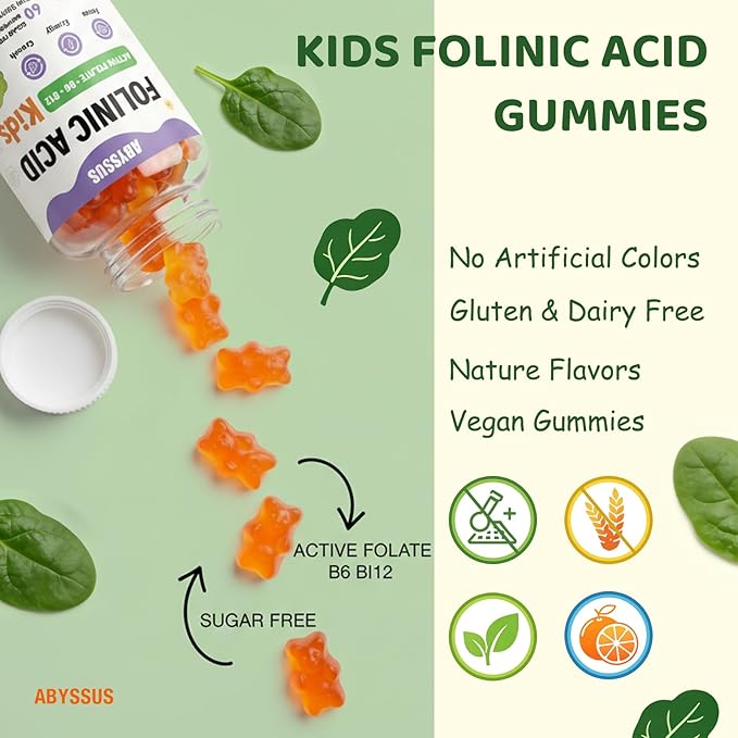 ABYSSUS Folinic Acid for Kids Gummies, Methylated B-Complex for Children, Maximum Absorption Supplement for Brain, Focus & Healthy Growth, Non-GMO, 60 Gummies
