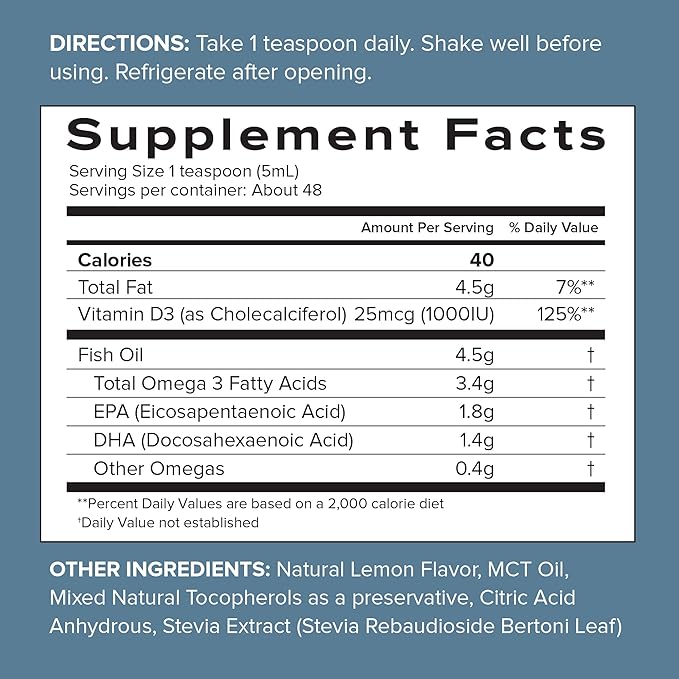 SFH Omega 3 Fish Oil Liquid 3400mg |EPA & DHA + 1000 IU Vitamin D3 | Lemon Flavor Liquid Fish Oil Supplement | Sustainably Sourced Alaskan Pollock | 8 fl oz