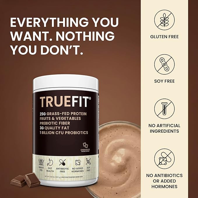 TrueFit High Fiber Protein Powder, Grass-Fed Whey Meal Replacement Shake with Prebiotics, Probiotics, & Organic Superfoods, Keto Friendly, Gluten Free